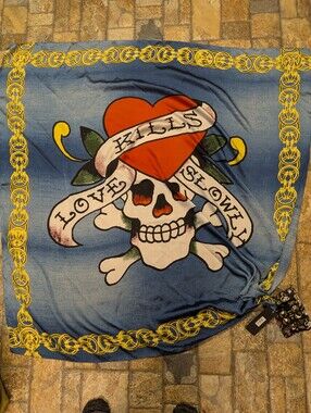 NWT Ed Hardy Love Kills Slowly Extra Large Scarf Sarong 43" Blue Tattoo Art